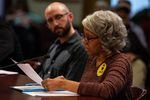 Portland resident Marih Alyn-Claire reads testimony during a Portland City Council hearing on April 4, 2019. Alyn-Claire is part of Tenants Priced Out, an advocacy group for tenants facing displacement.
