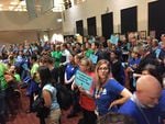 Portland teachers in blue T-shirts and ACCESS Academy parents in green packed the Portland Public Schools board meeting Oct. 24, 2017. 