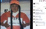 In this screenshot from Nyssa police officer Nicolas Codiga’s Facebook account, a man who appears to be Codiga is photographed putting his face through a cutout that has long black braids, an orange prison jumpsuit and is holding a “WSPD detention center” sign. Codiga, worked previously for the Warm Springs Police Department.