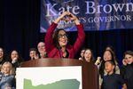 Gov. Kate Brown celebrates her Election Night victory at the Democratic Party of Oregon 2018 election party on Nov. 6, 2018, in Portland, Oregon.