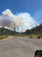 The Bedrock Fire burns in the Willamette National Forest between Bend and Eugene, Ore., Sunday, July 23, 2023.