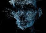 Futuristic animated image of the contours of a man's face, made up of blue and white dots on a black background