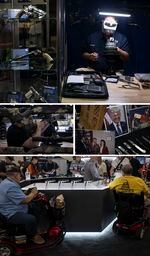 (Top photo) A sales representative works during the conference. (Middle left) A man looks through the scope of a rifle. (Middle right) Knives are displayed at the conference. (Bottom photo) People make their way around weapon displays at the conference.