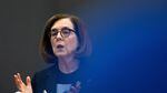 Oregon Gov. Kate Brown issues a shut down of restaurants at a press conference in Portland, Oregon, on March 16, 2020.