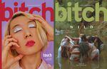 Two magazine covers. One — the "Touch" issue — has a lavender background with a red title, and a portrait of a woman with sparkly, light blue eye shadow and hot pink lipstick. The other cover — the "Wild" issue — has mostly green tones. It shows a circle of women in a body of water in a forest. They are dressed in white, and one woman is reaching toward the sky.