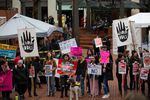 Counterprotesters gather at an Oregon Right to Life rally at Pioneer Courthouse Square in Portland, Ore., to speak out for women's rights, Saturday, Jan. 19, 2019.