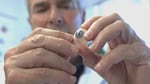 Ocularist Fred Harwin holds a prosthetic eye he's hand-painted for a patient.