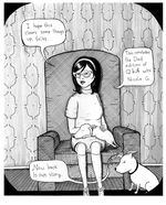 A cartoon-style illustration of person sitting in a chair with a dog in her lap and another dog on the floor. Three speech bubbles represent a series of ideas coming from the person. First speech bubble "I hope this clears some things up, folks." Second speech bubble: "This concludes the Dad edition of Q&A with Nicole G." Third speech bubble: "Now back to our story."
