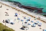A large quantity of seaweed, sargassum macroalgae, is floating on the water with vacationing sunbathers at Miami Beach, Fla.