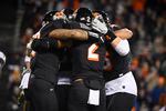 Oregon State defensive players including Oregon State linebacker Andrzej Hughes-Murray (2) join together to celebrate a sack in the fourth quarter of an NCAA college football game against Arizona State, Saturday, Nov. 20, 2021, in Corvallis, Ore.