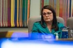 Oregon Sen. Sara Gelser, D-Corvallis, listens to testimony on Oregon foster children in out-of-state facilities on April 11, 2019.