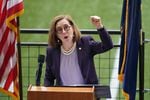 Oregon Gov. Kate Brown speaks during the June 30, 2021, press conference where she declared an end to the state's mask mandate.