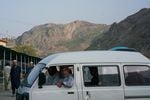 A Pakistani minibus arrives to transport people to and from the border.