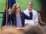 “Your actions, Oregon, saved more than 4,000 lives,” says Gov. Kate Brown during the Reopening Oregon Celebration at Providence Park in Portland, Ore., June 30, 2021. Brownannounced the end to mandatory mask use and social distancing.