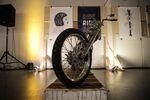 A custom bike is displayed at the One Motorcycle Show in Portland, Ore. The bikes are placed on platforms to be displayed as pieces of art.