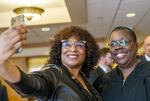 State Rep. Janelle Bynum takes a selfie with Oregon Supreme Court Justice Adrienne Nelson on Jan. 9, 2023, in Salem.