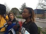 Oregon City High School senior N'dea Flye recounts receiving racist message. She spoke outside the high school after taking part in a discussion of racism, Oct. 27 2016.