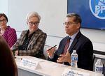 Oregon Gov. Tina Kotek and US Health and Human Services Secretary Xavier Becerra at a roundtable on youth mental health on Monday, Feb. 27, 2023, in Portland, Ore.