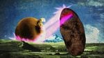 A giant potato battles a giant onion above an Oregon landscape featuring Mount Hood. Both are shooting lasers at each other.