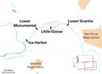 A map shows the Ice Harbor, Lower Monumental, Little Goose and Lower Granite dams along the Snake River in southeastern Washington State.