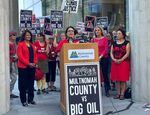 Multnomah County Chair Jessica Vega Pederson speaks at a press conference June 22, 2023, announcing the county's lawsuit against fossil fuel companies in Portland, Ore., Thursday, June 22, 2023. The county is suing 17 oil and gas companies, alleging the burning of their products contributed to a deadly heat wave in 2021.