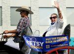 Independent gubernatorial candidate Betsy Johnson waves to crowds at the Pendleton Round-Up in September 2022.