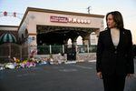 Vice President Harris speaks about the victims of the mass shooting in Monterey Park, Calif. in front of a makeshift memorial at the Star Ballroom Dance Studio on Jan. 25, 2022.