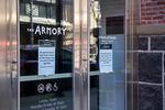 The front door of the Armory theater in downtown Portland. Its doors remain closed due to the coronavirus pandemic.