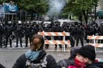 Portland police used tear gas and rubber bullets to disperse protesters from near the Justice Center an hour before the 8pm curfew went into effect on May 30, 2020. The protests were against racist violence and police brutality in the wake of the Minneapolis police killing of George Floyd.