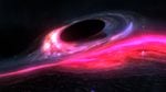 An animated image of a black hole in space surrounded by a circle of pink, white and purple lines, with a fiery glowing pink line darting across the frame.