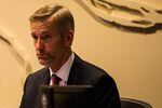 Mayor Ted Wheeler listens to testimony at City Hall in Portland, Ore., Wednesday, Feb. 13, 2019. City Council voted to withdraw Portland police from the FBI-led Joint Terrorism Task Force.