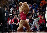 Portland Trail Blazers new mascot Douglas Fur is introduced during a timeout in the second half of the team's NBA basketball game against the New York Knicks in Portland, Ore., Tuesday, March 14, 2023.
