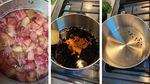 Three photos, a pan full us rhubarb, burnt carbon in the pan, the pan, clean