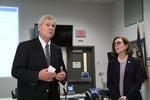 U.S. Secretary of Agriculture Tom Vilsack and Gov. Kate Brown give a brief update on federal efforts to provide states like Oregon more resources to manage forests and fight wildfire during a visit to the Oregon National Guard's Anderson Readiness Center in Salem, Tuesday, Aug. 3, 2021.