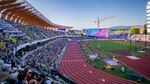 Fans await the start of the 110-meter men's hurdles event at the World Athletics Championships on July 17,2022. U.S. runners Grant Holloway and Trey Cunningham won gold and silver medals, respectively, in the event.