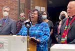 Marilyn Keller, a chief petitioner of Initiative Petition 17, sings a hymn during a press conference at Augustana Lutheran Church in Portland, June 30, 2022. Organizers announced today that enough signatures have been gathered to place the gun permit law on the November ballot. Volunteers will continue gathering signatures to ensure there are enough if some are thrown out by the Oregon Secretary of State’s Office.
