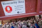 A biosecurity sign is seen at the Powers Farm, which raises turkeys in Townsend, Del. The poultry industry has been credited with surveillance and prevention of avian influenza — but the virus remains a threat.