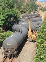 Officials with Union Pacific Railroad Company say 16 oil tanker cars derailed. They point to a faulty railroad tie as the possible cause. At least three of the cars caught fire in the accident.