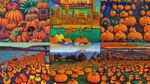 Mosaic of paintings generated by Stable Diffusion AI using the prompt: "Portland Oregon, made of pumpkins, Colorful, Surrealist, Landscape"