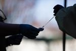 Oregon Health & Science University nurse practitioner Shelby Freed pulls a COVID-19 test swab from its sleeve at a drive-up station in Portland, Ore., Friday, March 20, 2020. Oregon has a severely limited number of tests, concealing the true spread of the novel coronavirus in the state.