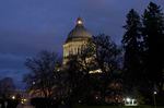 The Legislative Building is seen at dusk Tuesday, Feb. 15, 2022, following a session of the Legislature in Olympia, Wash.