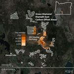 Map showing the extent of Green Diamond carbon offset areas east of Klamath Falls overlayed with the final extent of the 2021 Bootleg Fire.