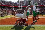 Stanford's Elijah Higgins makes a touchdown catch against Oregon during the second half of an NCAA college football game in Stanford, Calif., Saturday, Oct. 2, 2021.