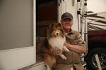 Jerry Vavra and his dog, Filson, at the Linn County evacuation center in Albany, Ore., Sept. 8, 2020. Vavra and his partner evacuated their home in Gates as wildfire closed in on them Tuesday morning.