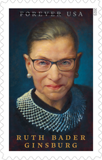 Late Supreme Court Justice Ruth Bader Ginsburg is being honored with a new Forever stamp from the U.S. Postal Service, showing her wearing a white collar with her black judicial robe.