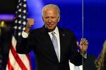 President-elect Joe Biden gestures to supporters Saturday, Nov. 7, 2020, in Wilmington, Del. (AP Photo/Andrew Harnik)
