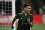 Portland Timbers forward Felipe Mora celebrates after scoring a goal against Real Salt Lake during the first half of the MLS soccer Western Conference final on Saturday, Dec. 4, 2021, in Portland.