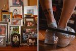 Photographs displayed inside of Antonio Salazar's home. Citaly's   tattoo reads, "They come, they go."