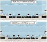 The difference between the existing and proposed changes to NE Killingsworth St.