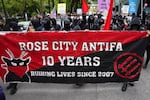 A large group of anarchists at the back of Portland's May Day march tangled with the police, May 1, 2017.